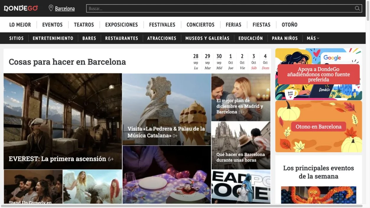 Actual DondeGo Barcelona page showing events, places, dates and editorial recommendations