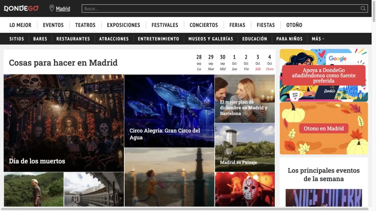 Actual DondeGo Madrid page showing local events, guides and discovery categories